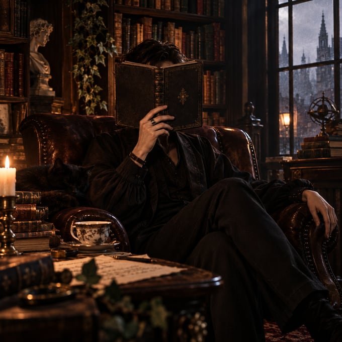 R.C. Blackmere reading in a candlelit library, a black cat asleep on the chair beside them and rain against the window.